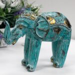 Wood Carved Elephant - Turquois Gold - Image 2