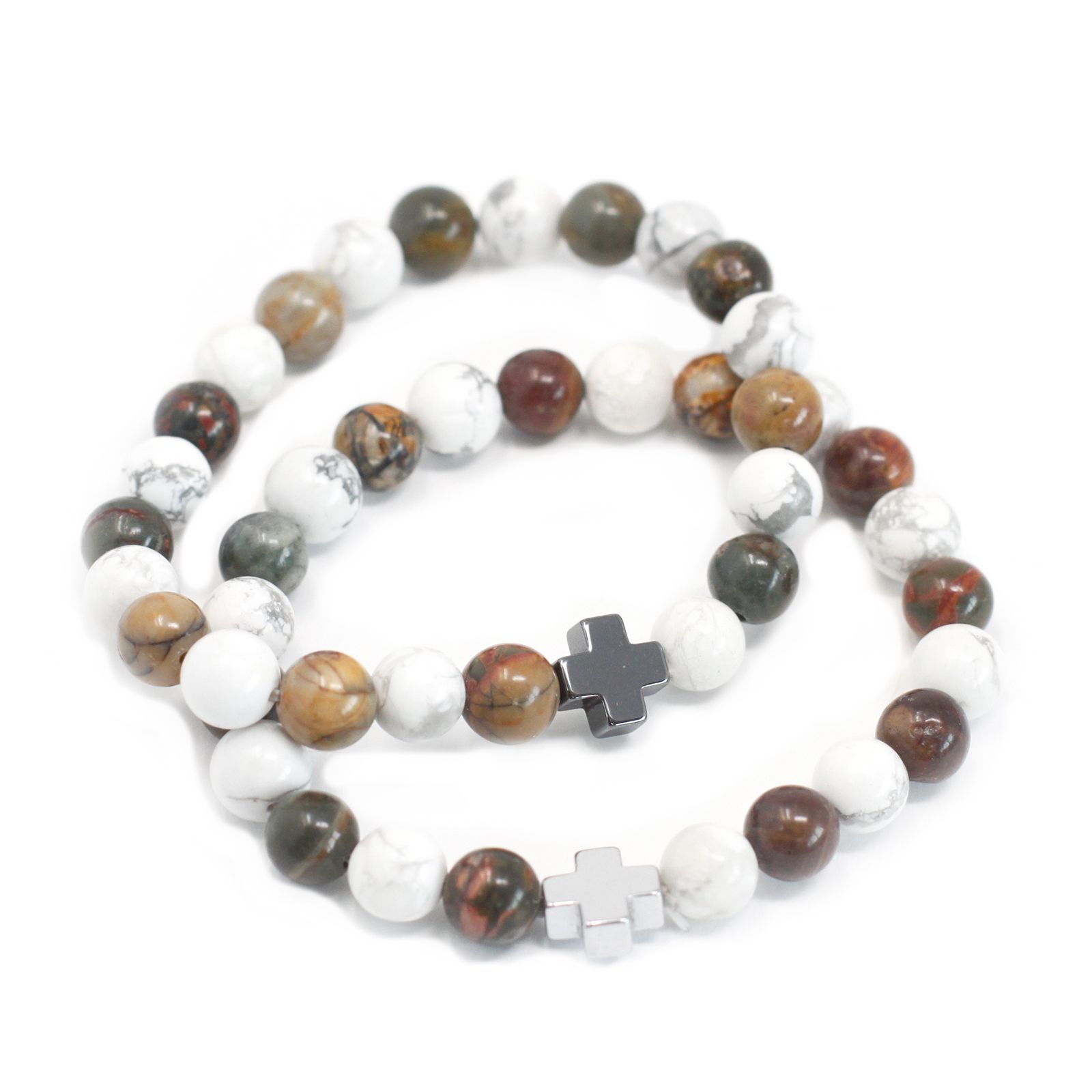 bG9jYWw6Ly9tZWRpYS9TTS9HRC82MFIzMEMxRzZNVktHRFNNLzQ4ODNkYmZmLmpwZWc Set of 2 Gemstones Friendship Bracelets - Peace - Picasso Jasper & White Howlite - Image 1